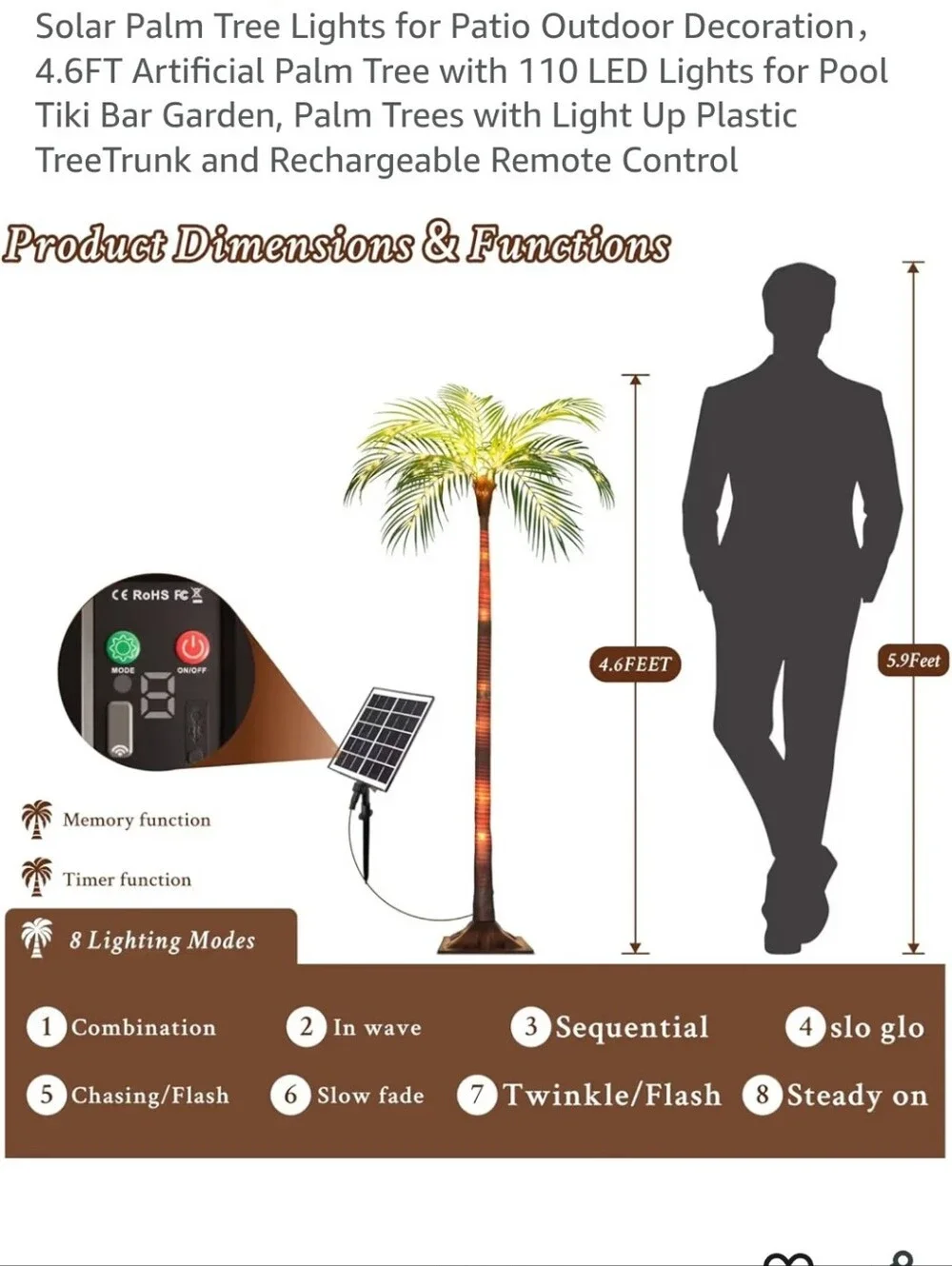 NWT Solar-Powered LED Palm Tree Light - Green Leaves, Brown Trunk 4.6ft